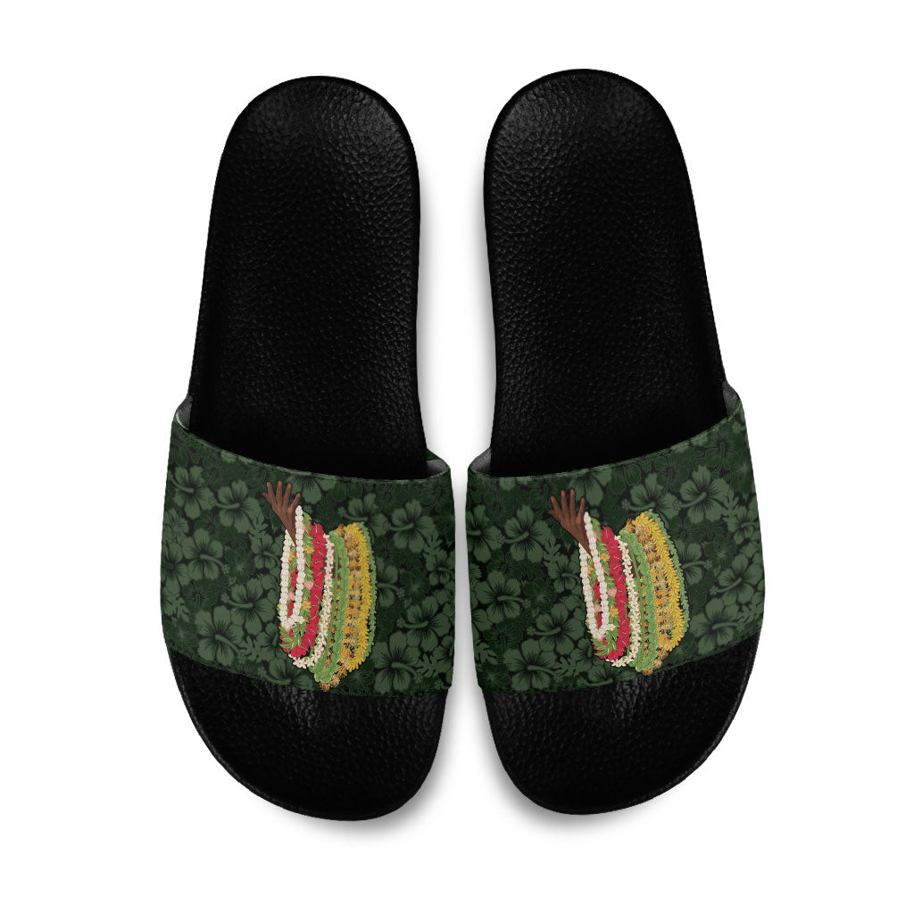 Hawaii Lei Kamehameha Slide Sandals Oma'oma'o Seamless Pattern Hibiscus Flower