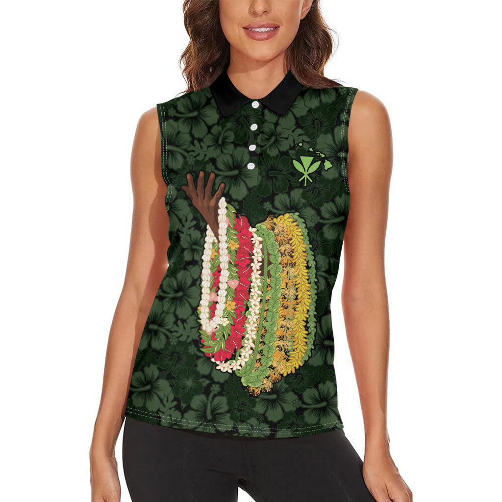Hawaii Lei Kamehameha Women Sleeveless Polo Shirt Oma'oma'o Seamless Pattern Hibiscus Flower
