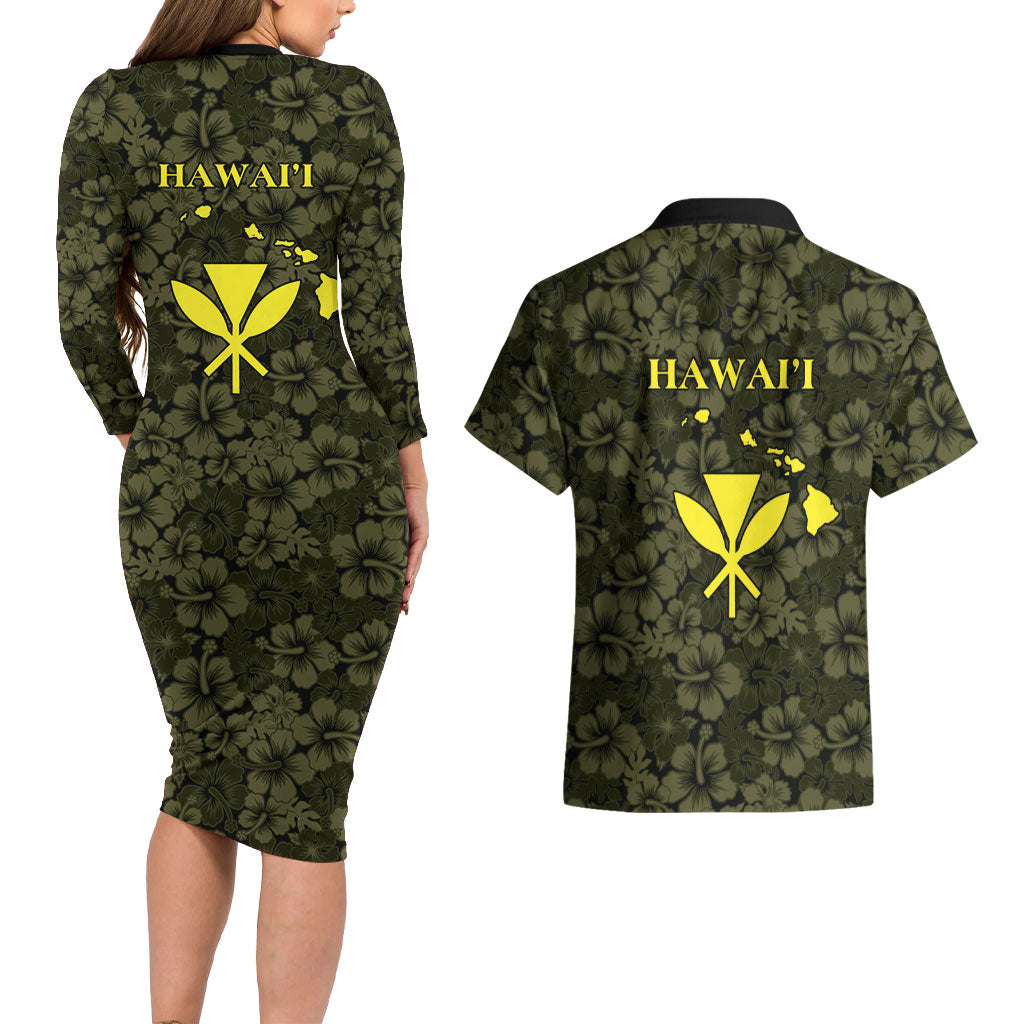 Hawaii Lei Kamehameha Couples Matching Long Sleeve Bodycon Dress and Hawaiian Shirt Melemele Seamless Pattern Hibiscus Flower