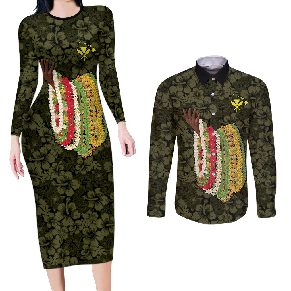 Hawaii Lei Kamehameha Couples Matching Long Sleeve Bodycon Dress and Long Sleeve Button Shirt Melemele Seamless Pattern Hibiscus Flower LT9 Yellow - Polynesian Pride