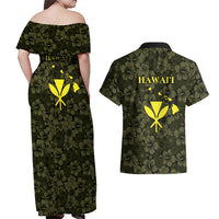 Hawaii Lei Kamehameha Couples Matching Off Shoulder Maxi Dress and Hawaiian Shirt Melemele Seamless Pattern Hibiscus Flower