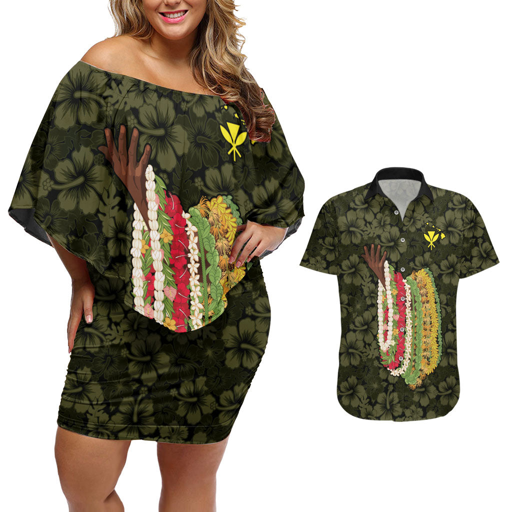 Hawaii Lei Kamehameha Couples Matching Off Shoulder Short Dress and Hawaiian Shirt Melemele Seamless Pattern Hibiscus Flower