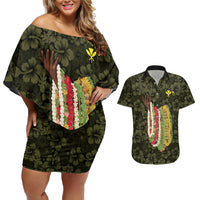 Hawaii Lei Kamehameha Couples Matching Off Shoulder Short Dress and Hawaiian Shirt Melemele Seamless Pattern Hibiscus Flower