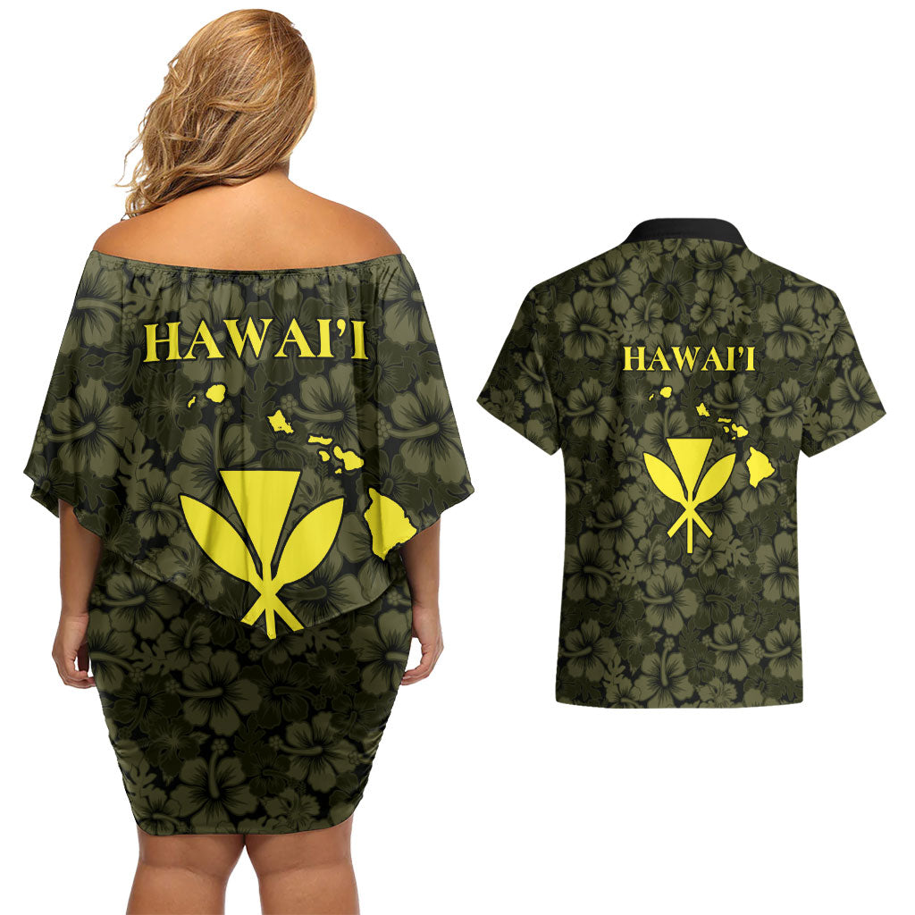 Hawaii Lei Kamehameha Couples Matching Off Shoulder Short Dress and Hawaiian Shirt Melemele Seamless Pattern Hibiscus Flower