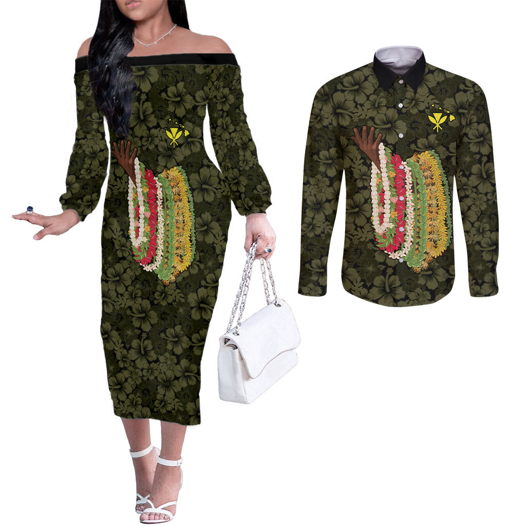 Hawaii Lei Kamehameha Couples Matching Off The Shoulder Long Sleeve Dress and Long Sleeve Button Shirt Melemele Seamless Pattern Hibiscus Flower