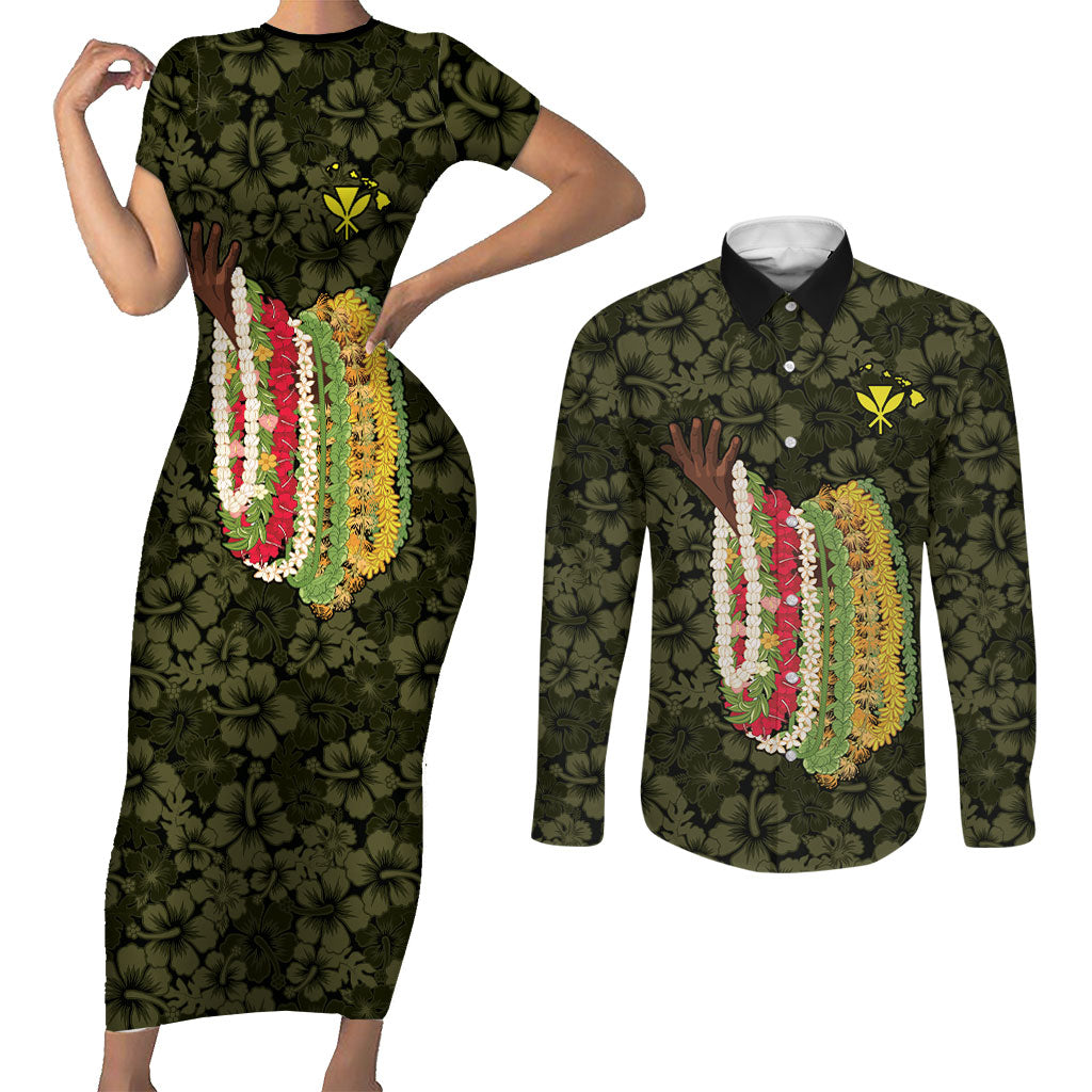 Hawaii Lei Kamehameha Couples Matching Short Sleeve Bodycon Dress and Long Sleeve Button Shirt Melemele Seamless Pattern Hibiscus Flower