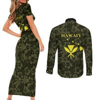 Hawaii Lei Kamehameha Couples Matching Short Sleeve Bodycon Dress and Long Sleeve Button Shirt Melemele Seamless Pattern Hibiscus Flower