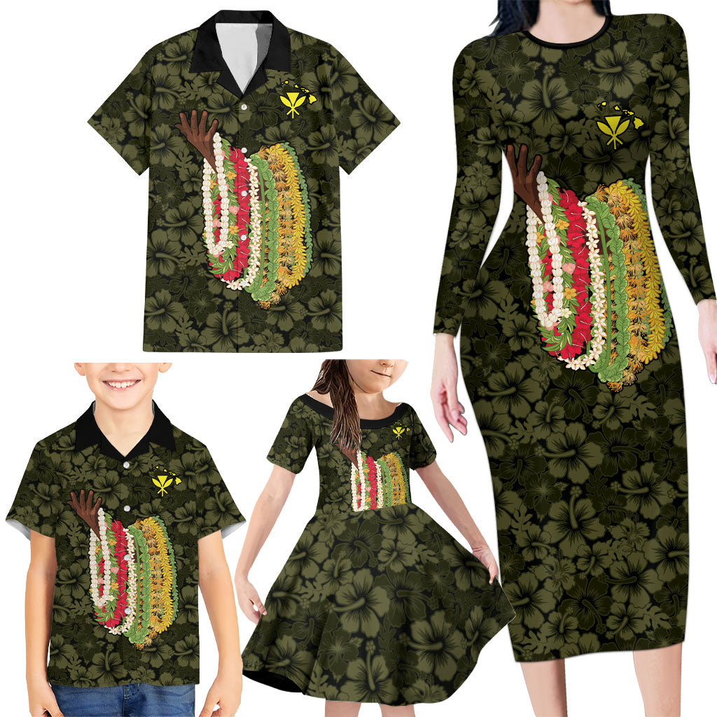 Hawaii Lei Kamehameha Family Matching Long Sleeve Bodycon Dress and Hawaiian Shirt Melemele Seamless Pattern Hibiscus Flower