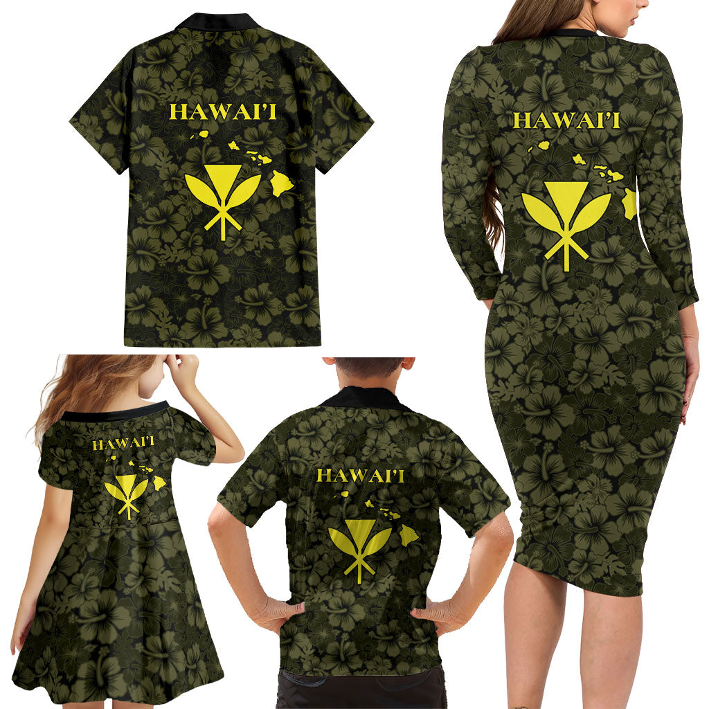 Hawaii Lei Kamehameha Family Matching Long Sleeve Bodycon Dress and Hawaiian Shirt Melemele Seamless Pattern Hibiscus Flower