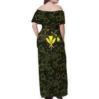 Hawaii Lei Kamehameha Family Matching Off Shoulder Maxi Dress and Hawaiian Shirt Melemele Seamless Pattern Hibiscus Flower