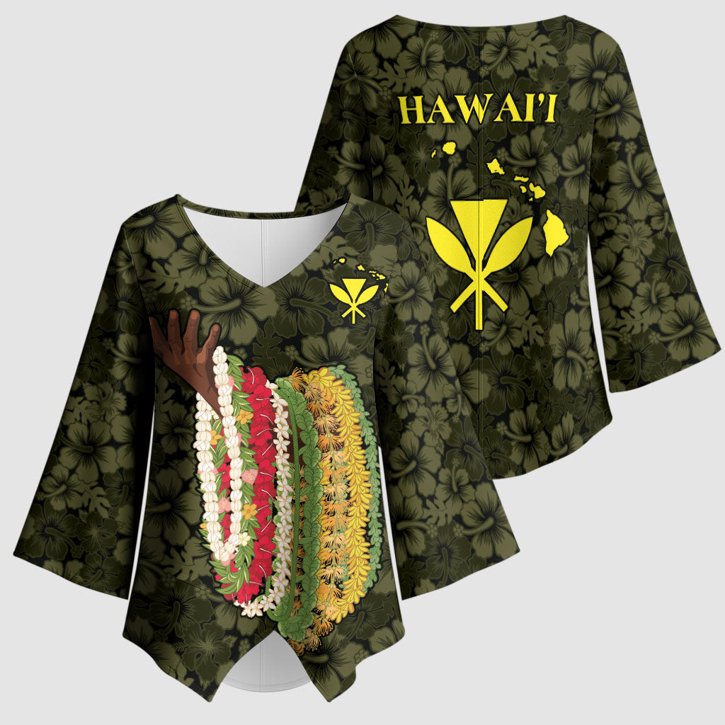 Hawaii Lei Kamehameha Kimono Sleeve Blouse Melemele Seamless Pattern Hibiscus Flower