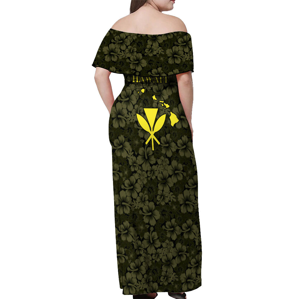 Hawaii Lei Kamehameha Off Shoulder Maxi Dress Melemele Seamless Pattern Hibiscus Flower