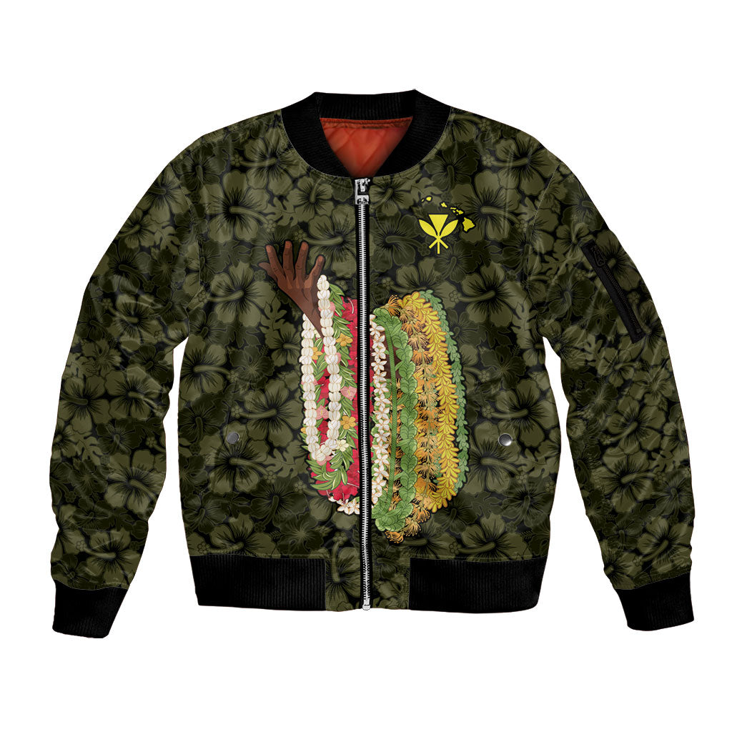 Hawaii Lei Kamehameha Sleeve Zip Bomber Jacket Melemele Seamless Pattern Hibiscus Flower