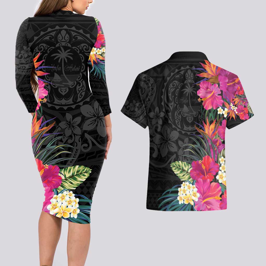 Hafa Adai Guam Couples Matching Long Sleeve Bodycon Dress and Hawaiian Shirt Tropical Flowers Colorful Vibes