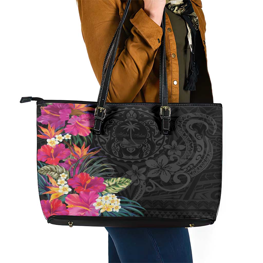 Hafa Adai Guam Leather Tote Bag Tropical Flowers Colorful Vibes