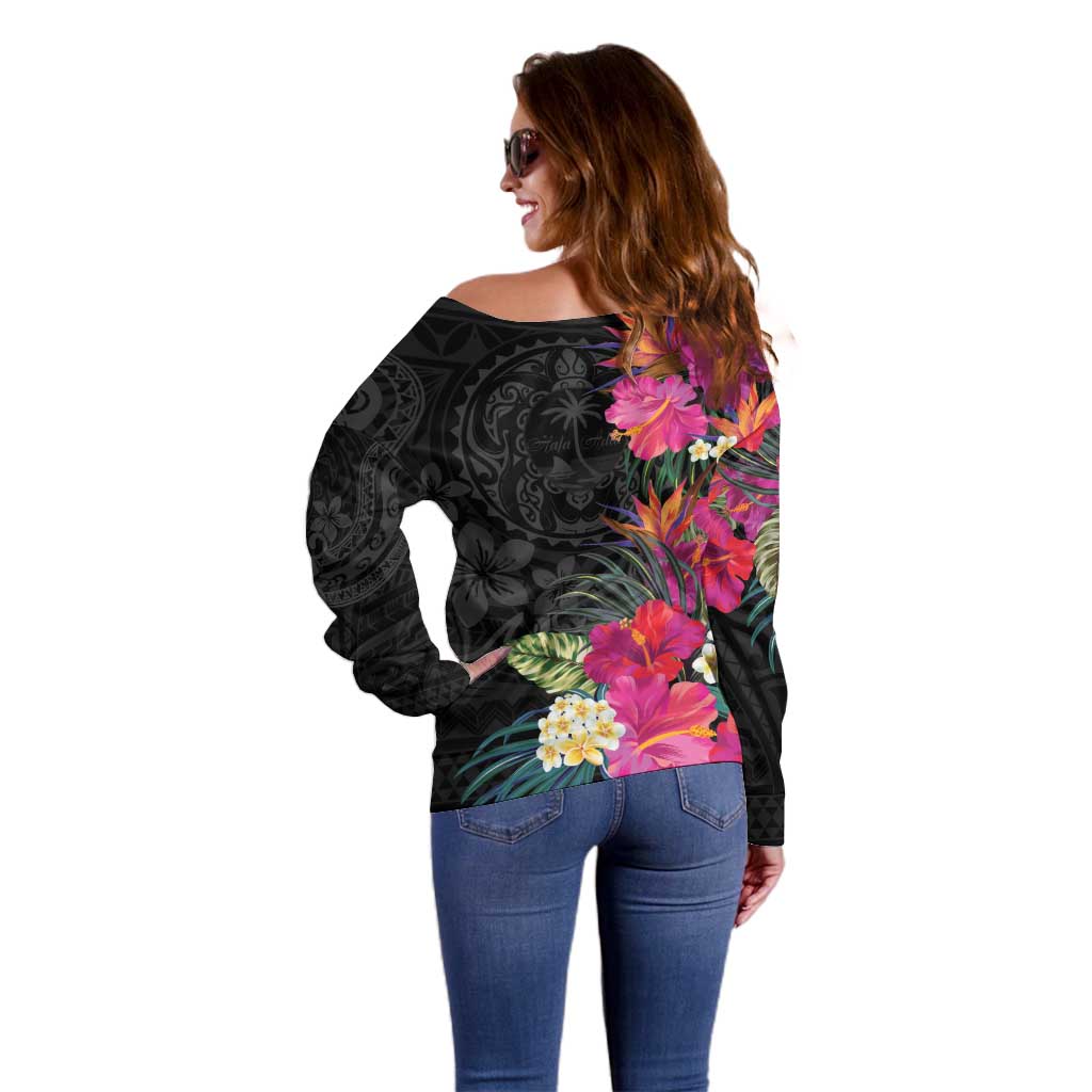 Hafa Adai Guam Off Shoulder Sweater Tropical Flowers Colorful Vibes