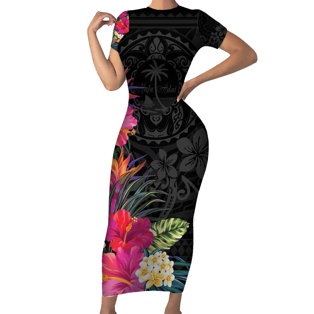 Hafa Adai Guam Short Sleeve Bodycon Dress Tropical Flowers Colorful Vibes LT9 Long Dress Black - Polynesian Pride