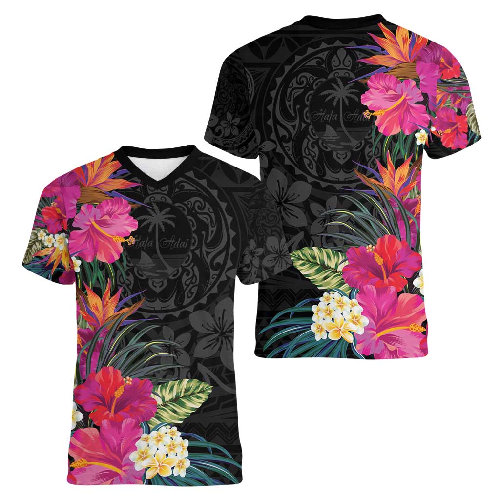 Hafa Adai Guam Women V-Neck T-Shirt Tropical Flowers Colorful Vibes