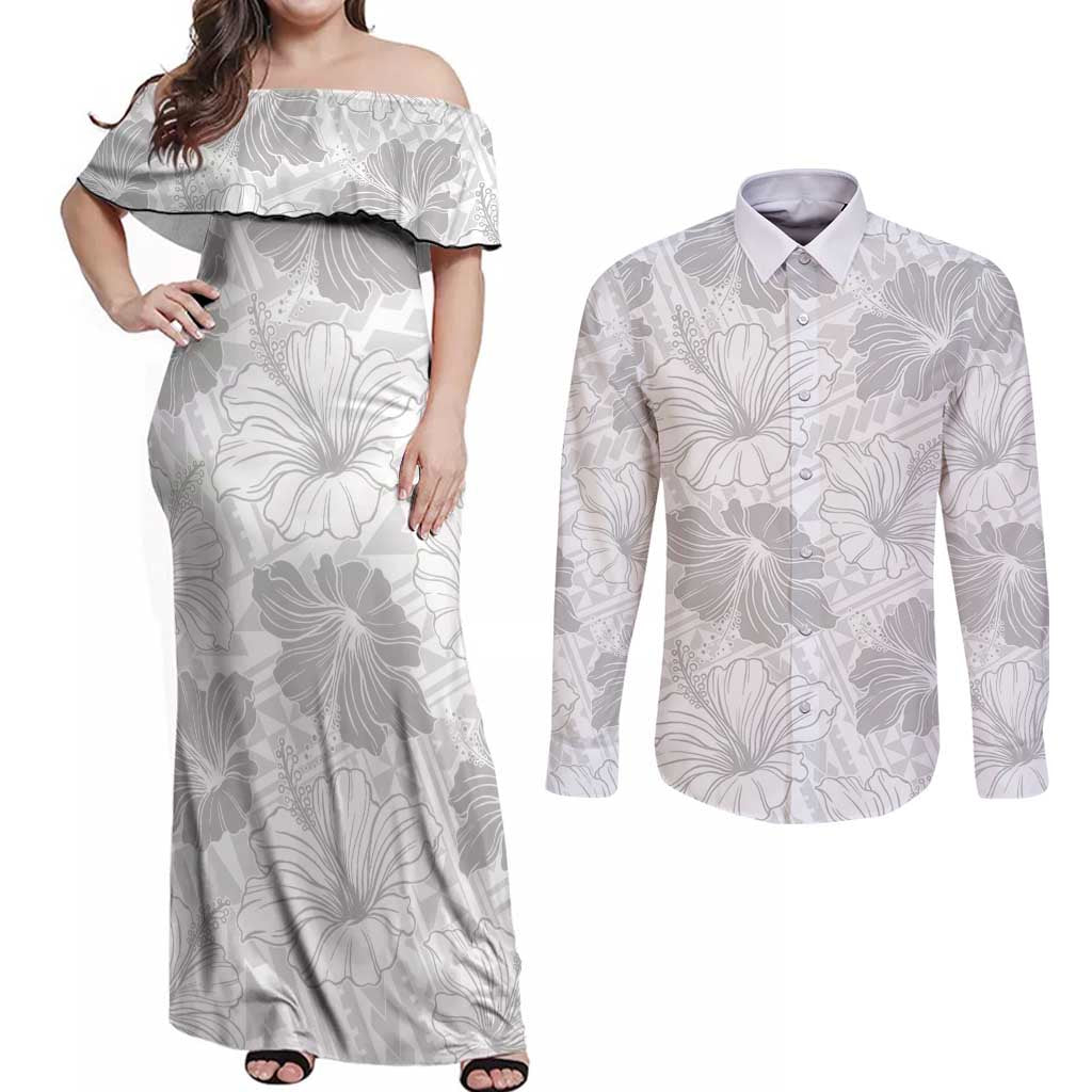 Samoa Lotu Tamaiti Couples Matching Off Shoulder Maxi Dress and Long Sleeve Button Shirt White Sun Day Beauty Hibiscus Ver01 LT9 White - Polynesian Pride