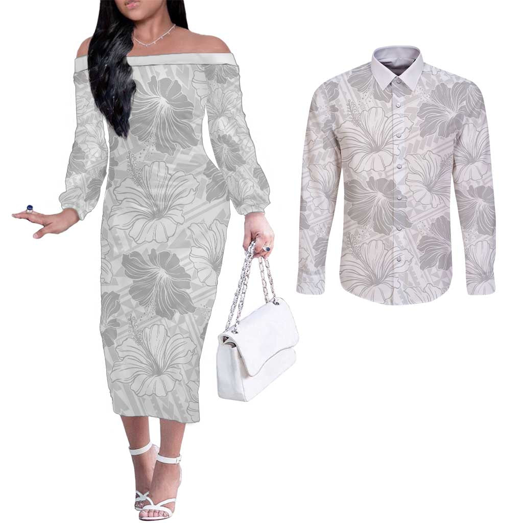 Samoa Lotu Tamaiti Couples Matching Off The Shoulder Long Sleeve Dress and Long Sleeve Button Shirt White Sun Day Beauty Hibiscus Ver01 LT9 White - Polynesian Pride