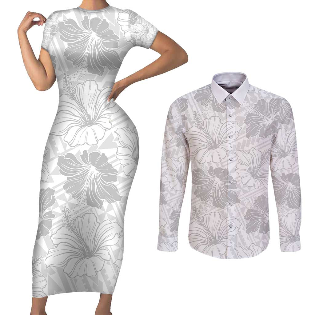 Samoa Lotu Tamaiti Couples Matching Short Sleeve Bodycon Dress and Long Sleeve Button Shirt White Sun Day Beauty Hibiscus Ver01 LT9 White - Polynesian Pride