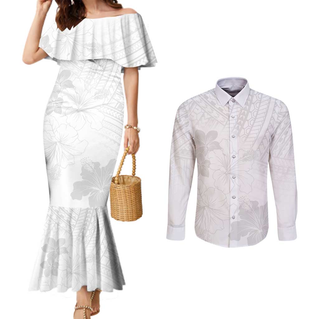 Samoa Lotu Tamaiti Couples Matching Mermaid Dress and Long Sleeve Button Shirt White Sun Day Beauty Hibiscus Ver02 LT9 White - Polynesian Pride