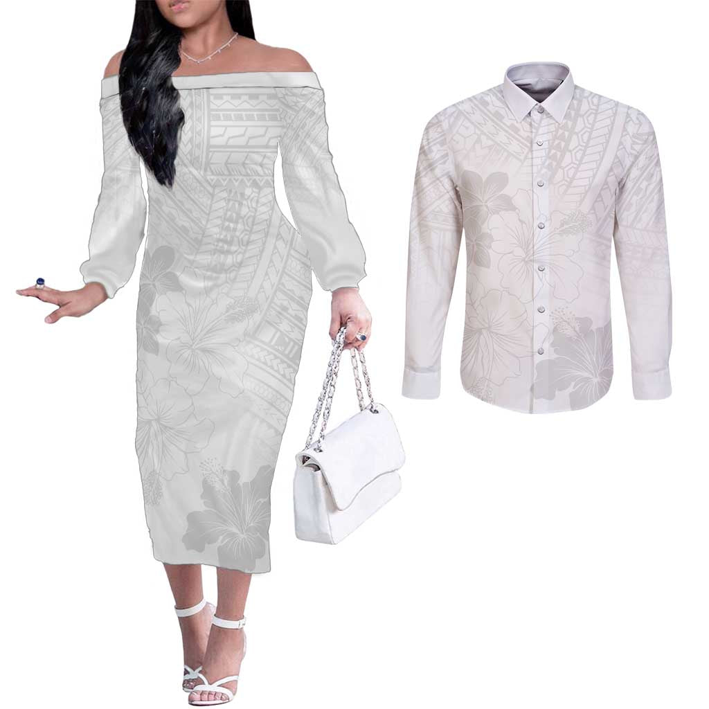 Samoa Lotu Tamaiti Couples Matching Off The Shoulder Long Sleeve Dress and Long Sleeve Button Shirt White Sun Day Beauty Hibiscus Ver02 LT9 White - Polynesian Pride