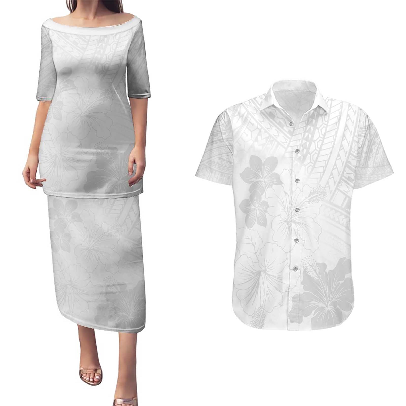 Samoa Lotu Tamaiti Couples Matching Puletasi and Hawaiian Shirt White Sun Day Beauty Hibiscus Ver02 LT9 White - Polynesian Pride