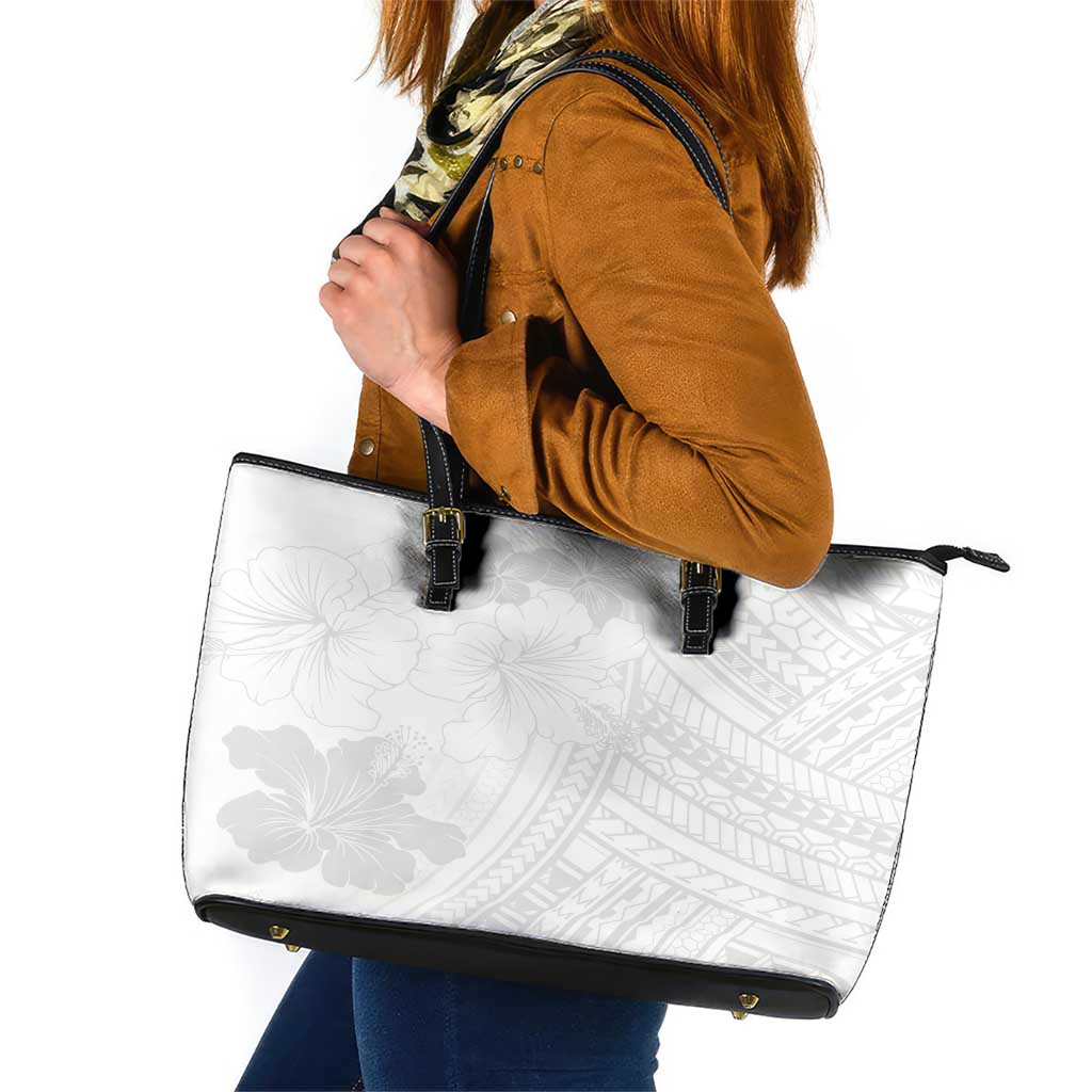 Samoa Lotu Tamaiti Leather Tote Bag White Sun Day Beauty Hibiscus Ver02 LT9 White - Polynesian Pride