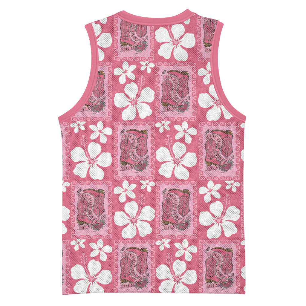 Give Cancer The Boot Pink Cowgirl Basketball Jersey Western Aloha Hibiscus Paniolo Heritage Floral