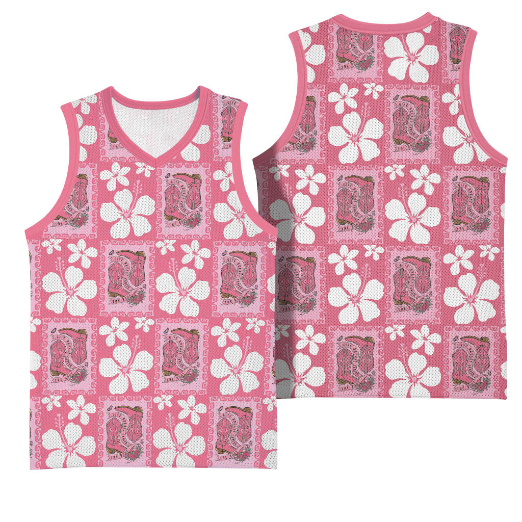 Give Cancer The Boot Pink Cowgirl Basketball Jersey Western Aloha Hibiscus Paniolo Heritage Floral