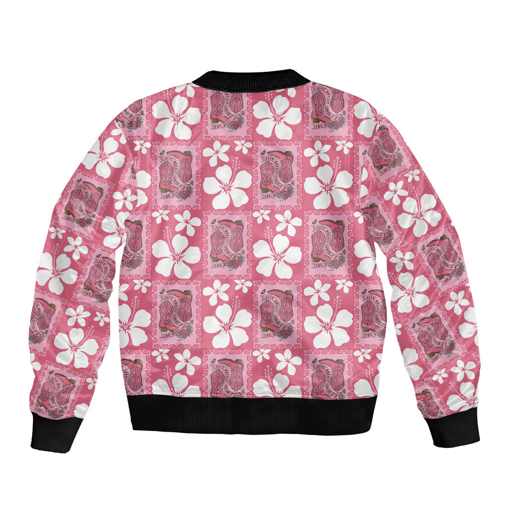 Give Cancer The Boot Pink Cowgirl Bomber Jacket Western Aloha Hibiscus Paniolo Heritage Floral