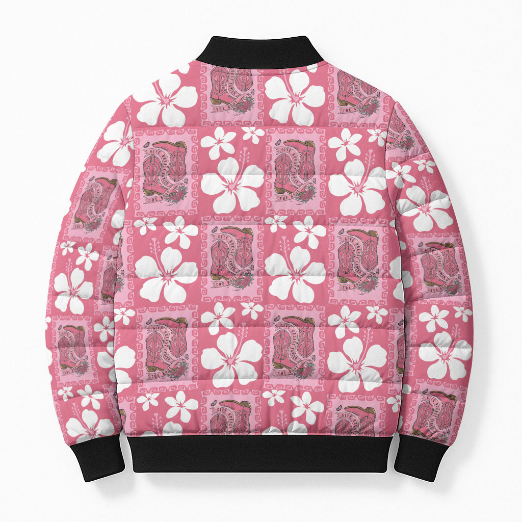 Give Cancer The Boot Pink Cowgirl Bomber Puffer Jacket Western Aloha Hibiscus Paniolo Heritage Floral