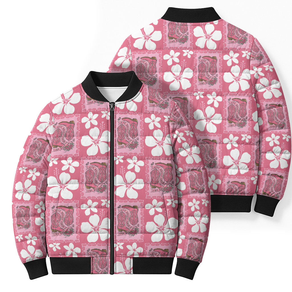 Give Cancer The Boot Pink Cowgirl Bomber Puffer Jacket Western Aloha Hibiscus Paniolo Heritage Floral