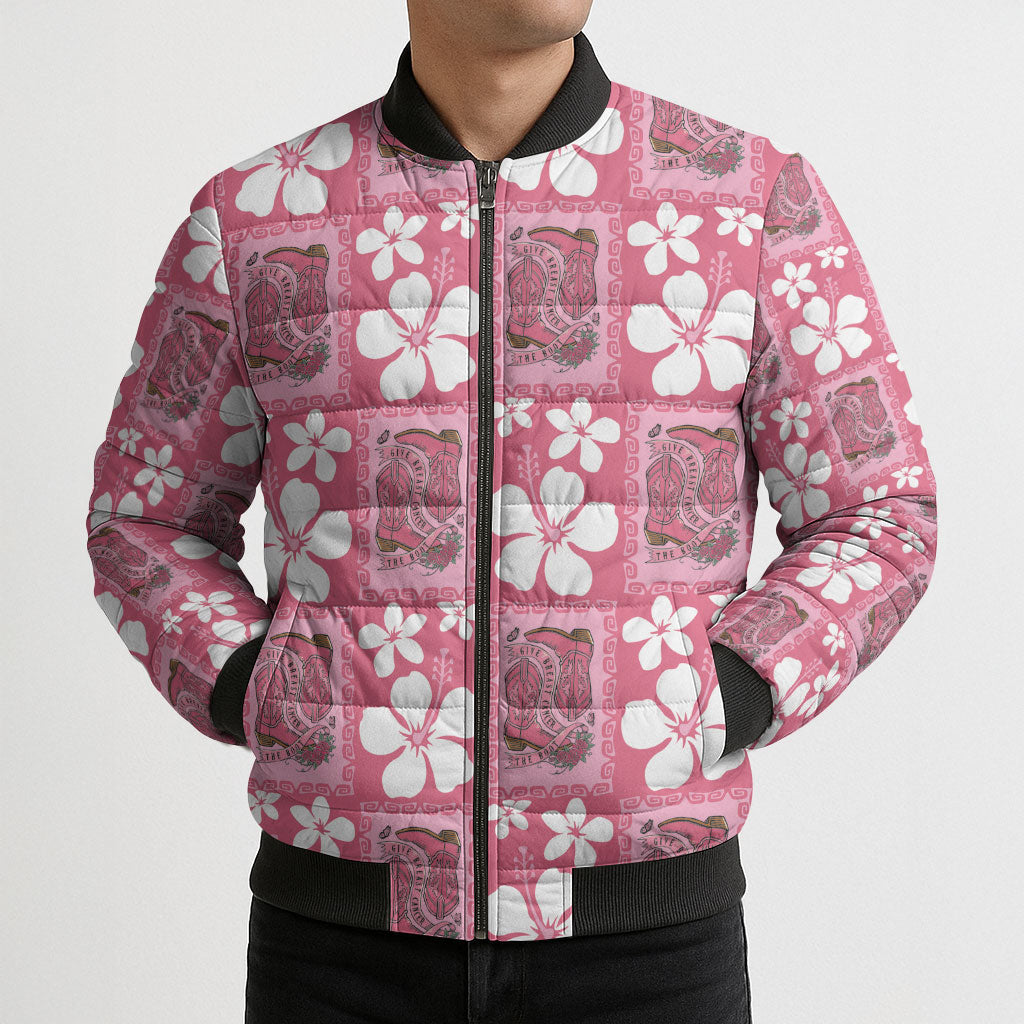 Give Cancer The Boot Pink Cowgirl Bomber Puffer Jacket Western Aloha Hibiscus Paniolo Heritage Floral