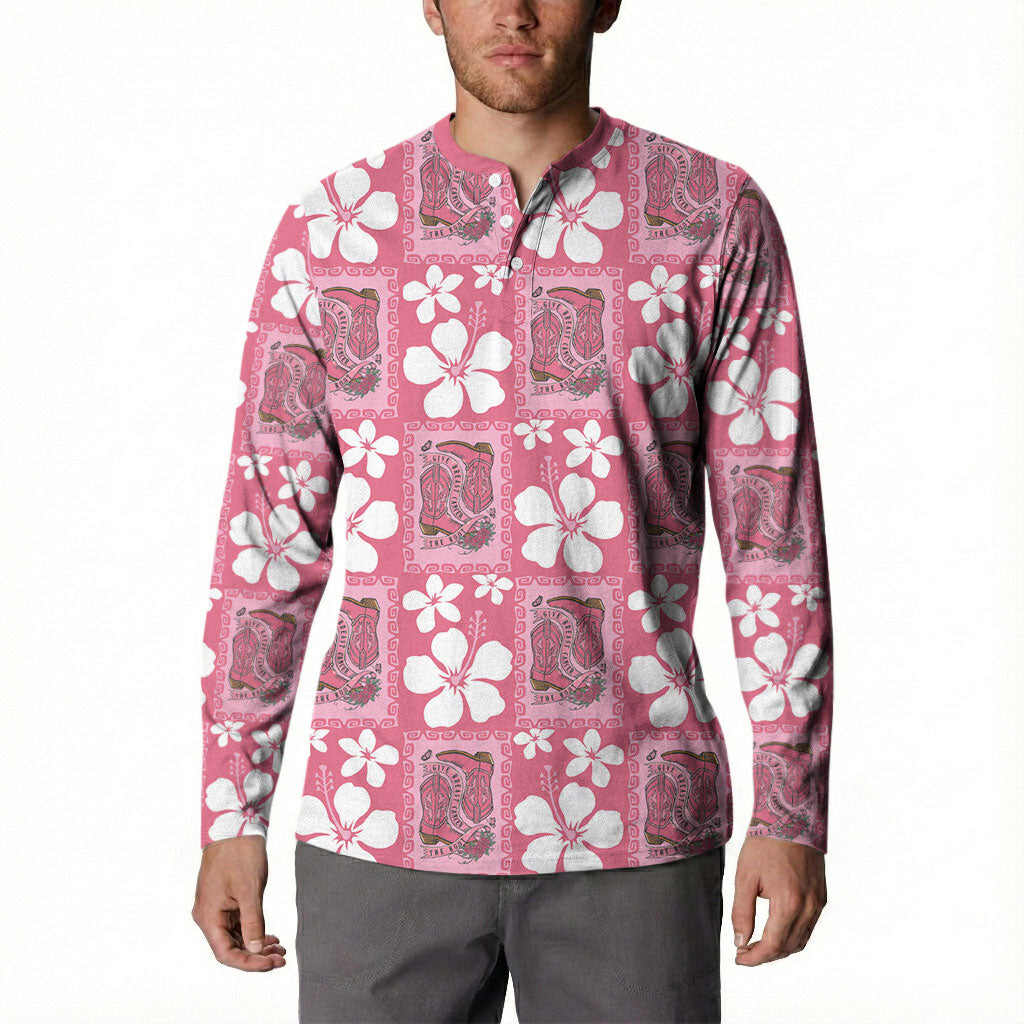 Give Cancer The Boot Pink Cowgirl Button Sweatshirt Western Aloha Hibiscus Paniolo Heritage Floral
