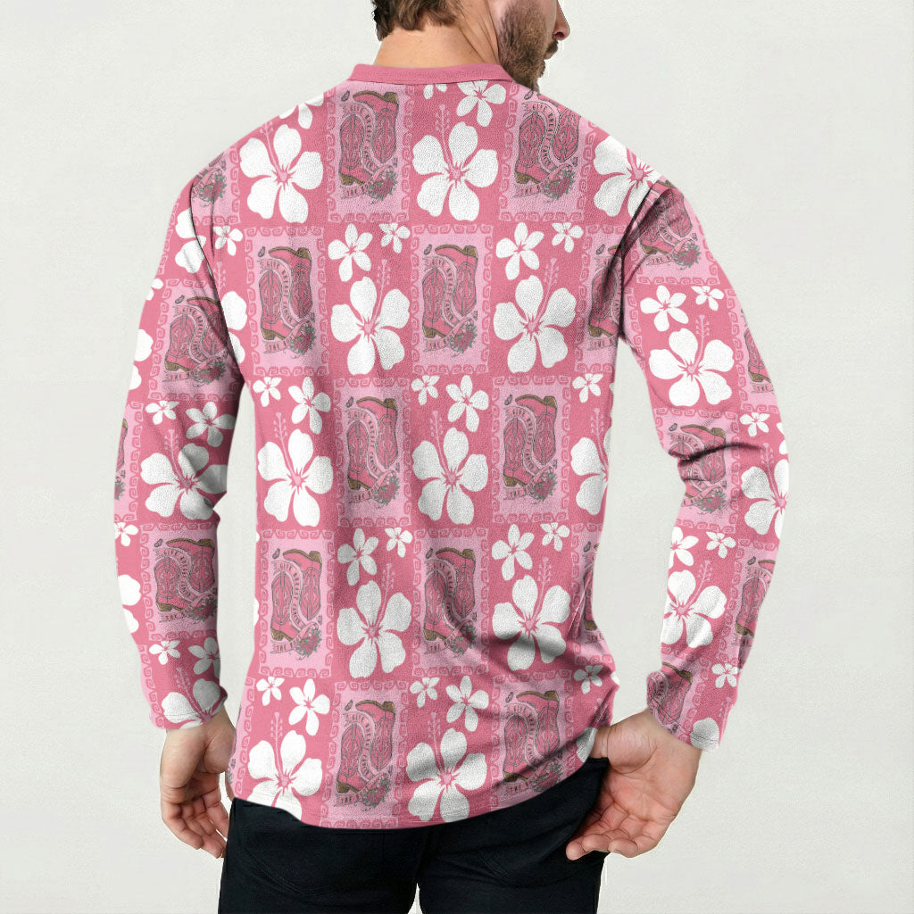 Give Cancer The Boot Pink Cowgirl Button Sweatshirt Western Aloha Hibiscus Paniolo Heritage Floral