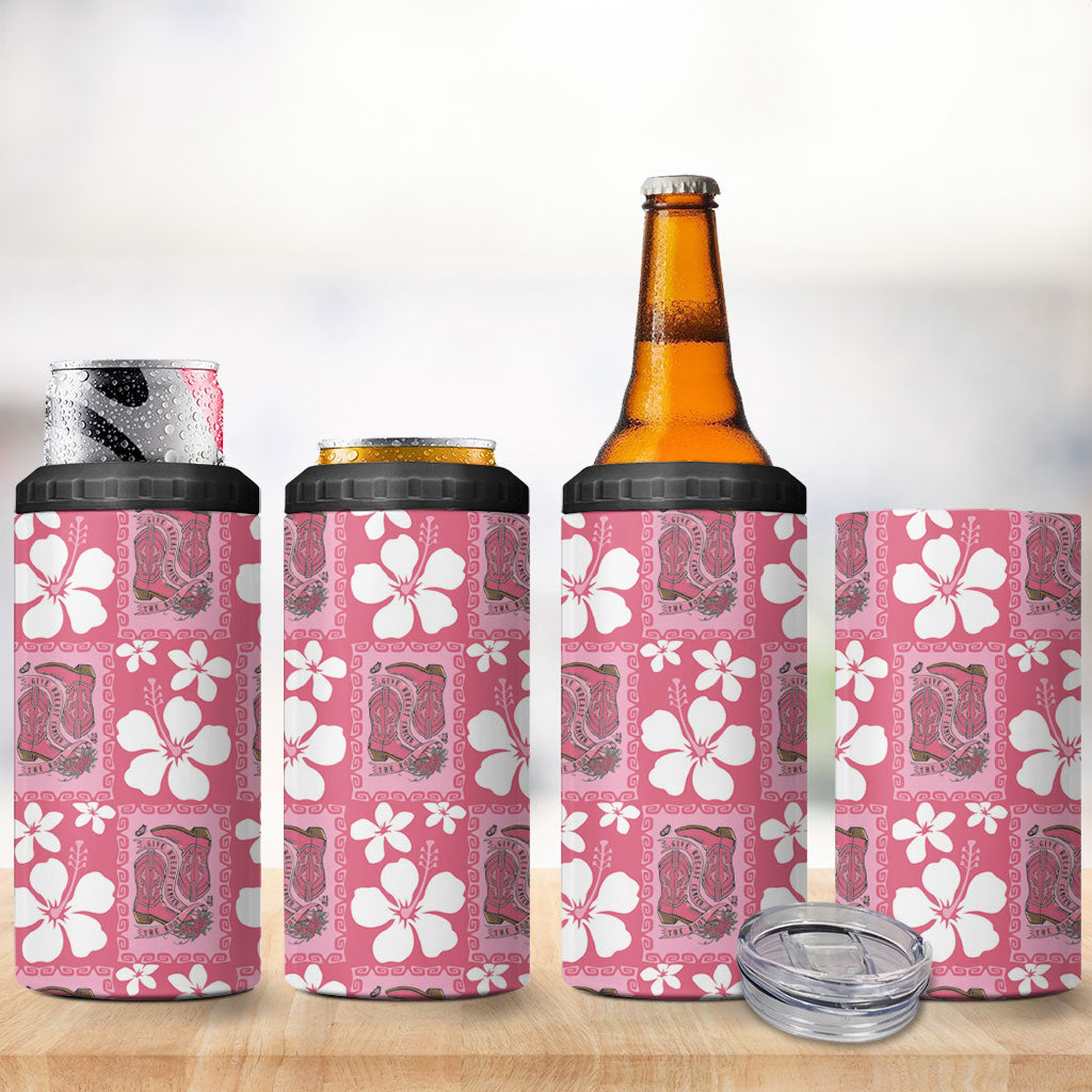 Give Cancer The Boot Pink Cowgirl 4 in 1 Can Cooler Tumbler Western Aloha Hibiscus Paniolo Heritage Floral
