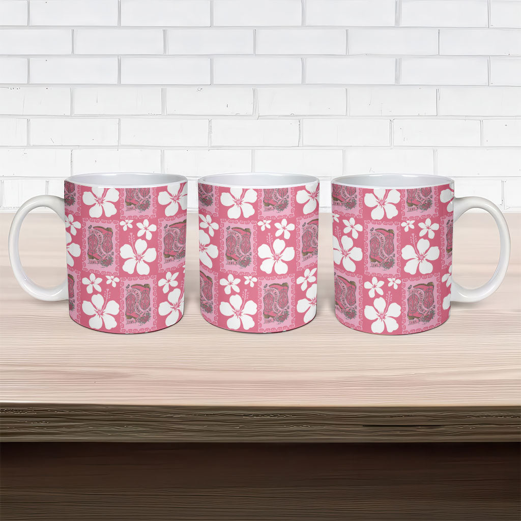 Give Cancer The Boot Pink Cowgirl Ceramic Mug Western Aloha Hibiscus Paniolo Heritage Floral