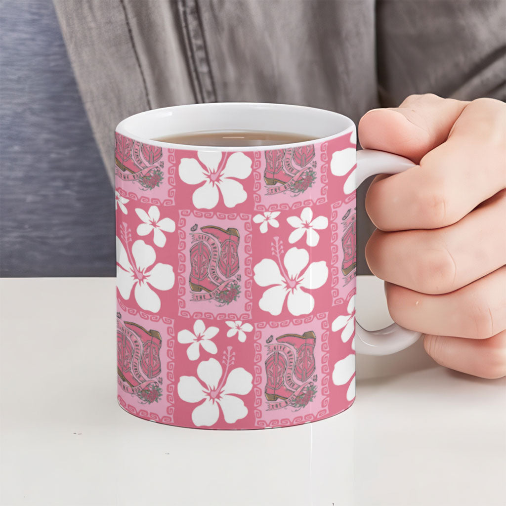 Give Cancer The Boot Pink Cowgirl Ceramic Mug Western Aloha Hibiscus Paniolo Heritage Floral