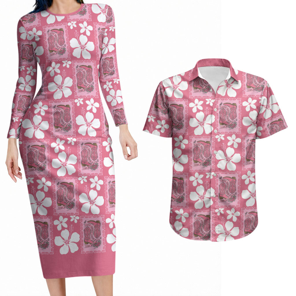 Give Cancer The Boot Pink Cowgirl Couples Matching Long Sleeve Bodycon Dress and Hawaiian Shirt Western Aloha Hibiscus Paniolo Heritage Floral