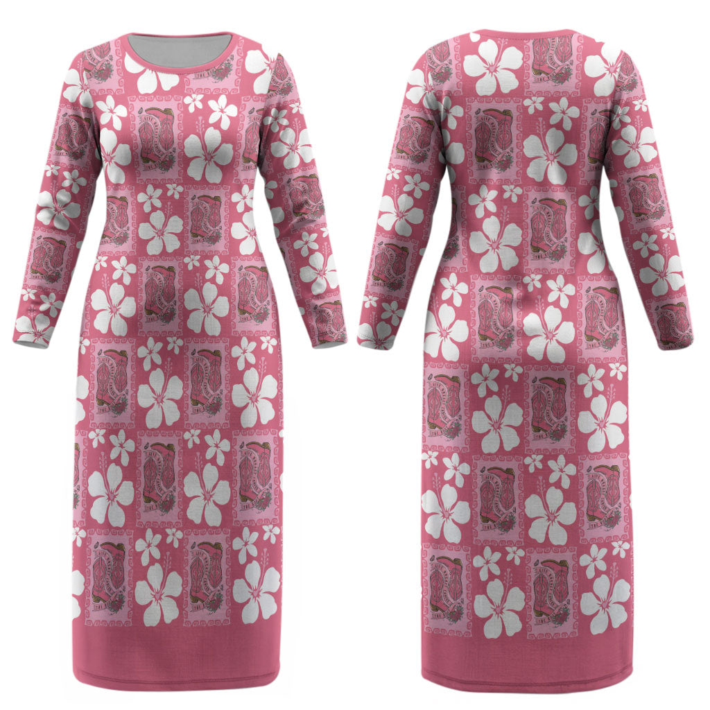 Give Cancer The Boot Pink Cowgirl Couples Matching Long Sleeve Bodycon Dress and Hawaiian Shirt Western Aloha Hibiscus Paniolo Heritage Floral