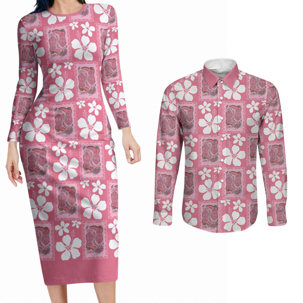Give Cancer The Boot Pink Cowgirl Couples Matching Long Sleeve Bodycon Dress and Long Sleeve Button Shirt Western Aloha Hibiscus Paniolo Heritage Floral