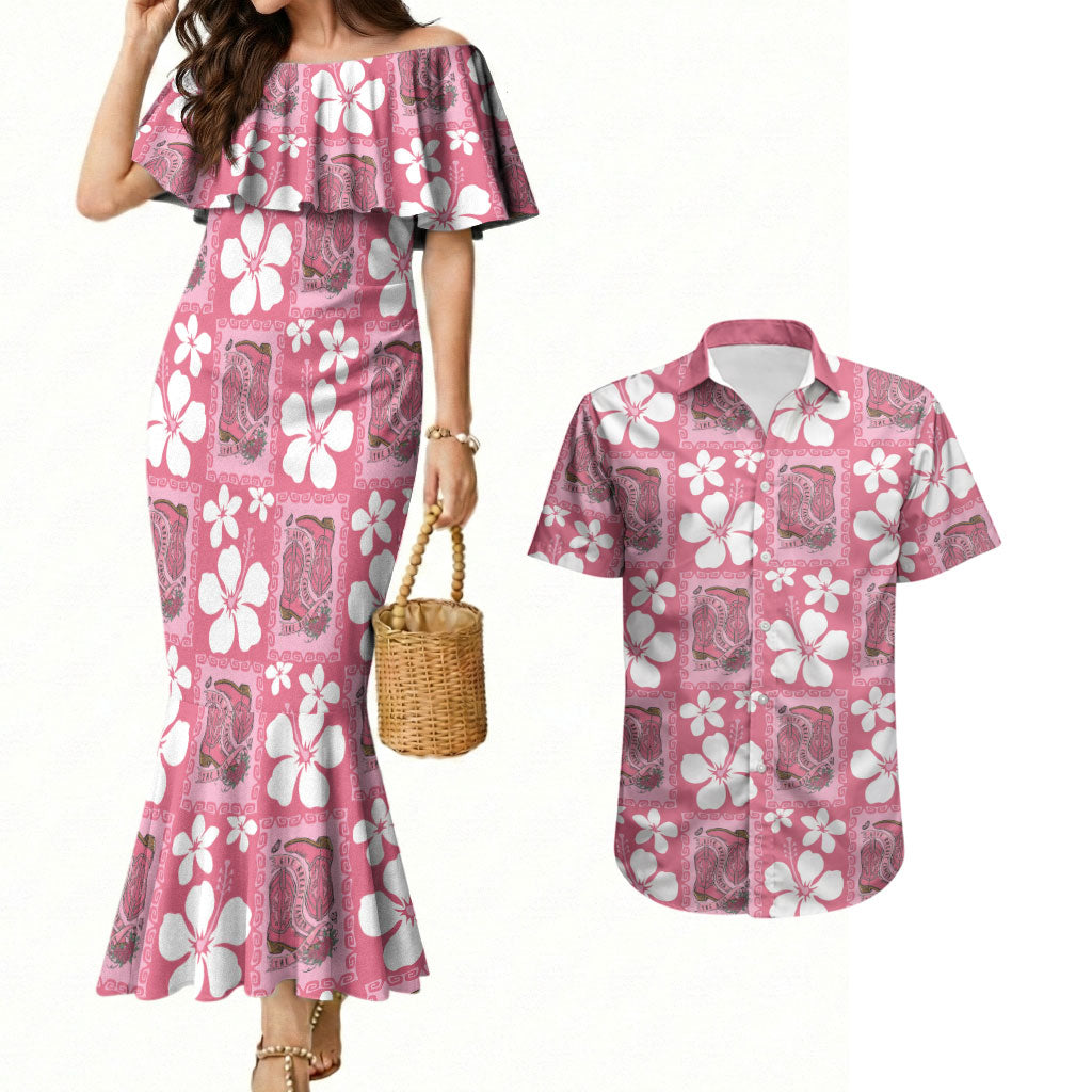 Give Cancer The Boot Pink Cowgirl Couples Matching Mermaid Dress and Hawaiian Shirt Western Aloha Hibiscus Paniolo Heritage Floral