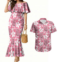 Give Cancer The Boot Pink Cowgirl Couples Matching Mermaid Dress and Hawaiian Shirt Western Aloha Hibiscus Paniolo Heritage Floral