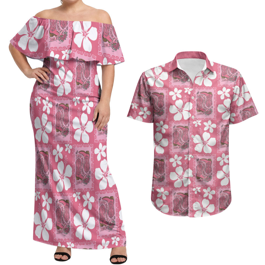 Give Cancer The Boot Pink Cowgirl Couples Matching Off Shoulder Maxi Dress and Hawaiian Shirt Western Aloha Hibiscus Paniolo Heritage Floral LT9 Pink - Polynesian Pride