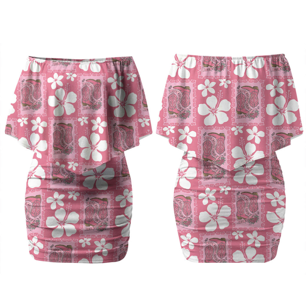 Give Cancer The Boot Pink Cowgirl Couples Matching Off Shoulder Short Dress and Hawaiian Shirt Western Aloha Hibiscus Paniolo Heritage Floral