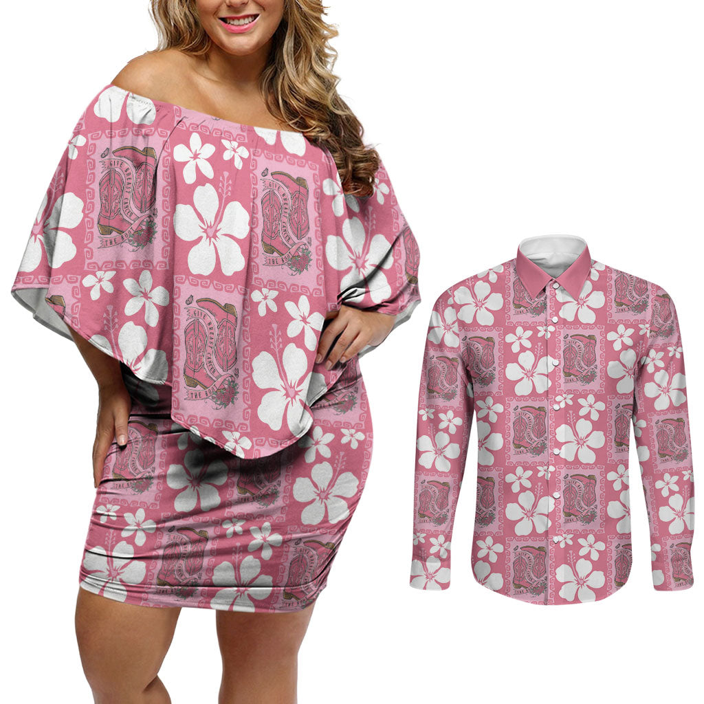 Give Cancer The Boot Pink Cowgirl Couples Matching Off Shoulder Short Dress and Long Sleeve Button Shirt Western Aloha Hibiscus Paniolo Heritage Floral