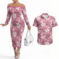 Give Cancer The Boot Pink Cowgirl Couples Matching Off The Shoulder Long Sleeve Dress and Hawaiian Shirt Western Aloha Hibiscus Paniolo Heritage Floral