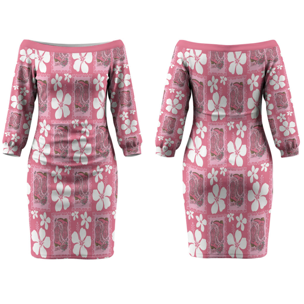 Give Cancer The Boot Pink Cowgirl Couples Matching Off The Shoulder Long Sleeve Dress and Hawaiian Shirt Western Aloha Hibiscus Paniolo Heritage Floral